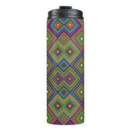 Tall travel mug with a vibrant geometric pattern  thermosbecher