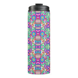 Tall travel mug with a vibrant, symmetrical floral thermosbecher