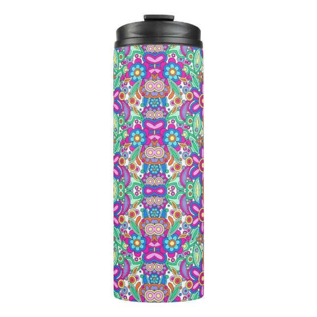 Tall travel mug with a vibrant, symmetrical floral thermosbecher (Vorderseite)