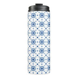 Tall, white travel mug with a black lid thermosbecher
