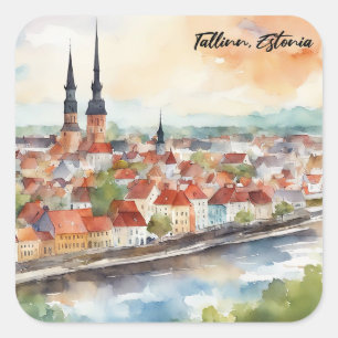 Tallinn Estland Aquarellmalerei Panorama Quadratischer Aufkleber
