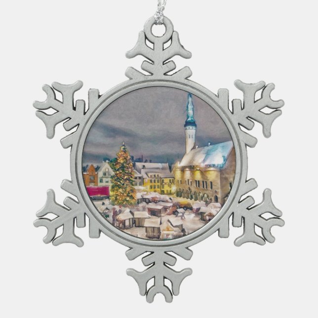 Tallinn Estnischer Weihnachtsmarkt Schneeflocken Zinn-Ornament (Vorderseite)