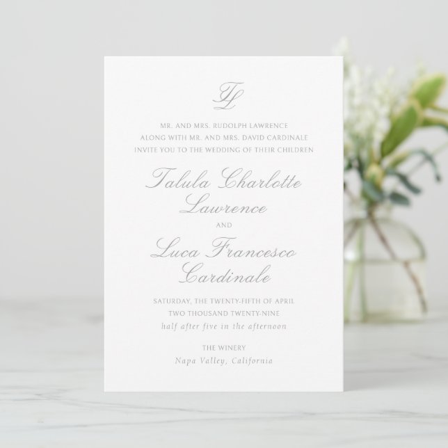 Talula Gray Elegant Wedding Einladung (Stehend Vorderseite)