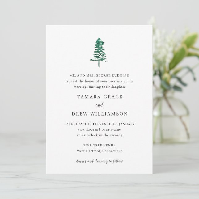 Tamara Pine Tree Moderne Hochzeit Einladung (Stehend Vorderseite)