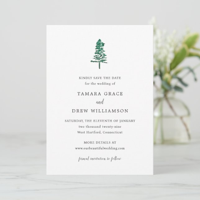 Tamara Pine Tree Moderne Hochzeit Save The Date (Stehend Vorderseite)