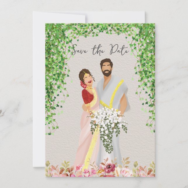 Tamil Hochzeitspaar Illustration Save The Date (Vorderseite)