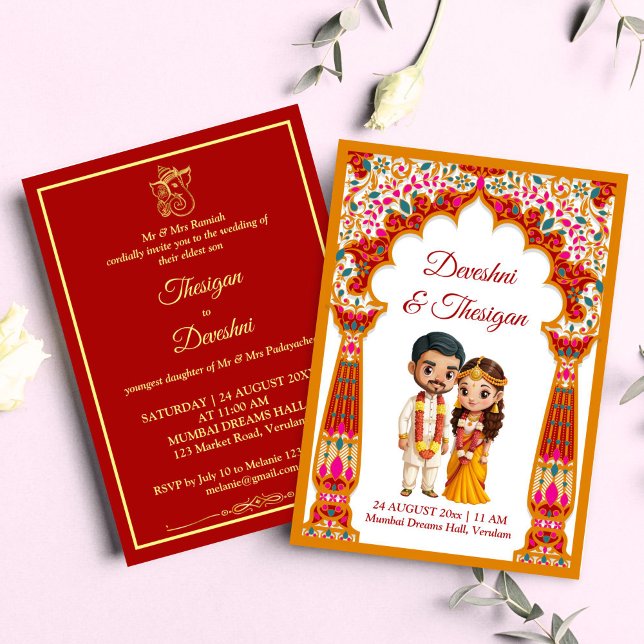 Tamil Süd-Indische Hochzeit niedliche Karikatur Einladung (Tamil South Indian wedding cute caricature traditional bridal couple Invitation template download)