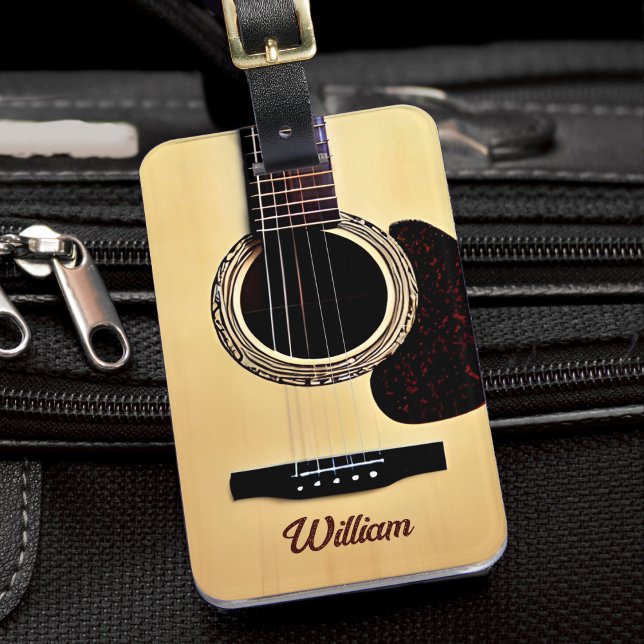Tan Acoustic Gitarre Woodgrain Gitarrist Name Text Gepäckanhänger (tan brown acoustic guitar luggage tag)