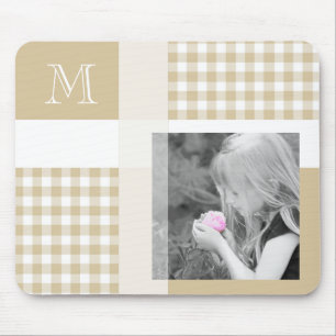 Tan Add your Foto Gingham Modern Brown Monogram Mousepad
