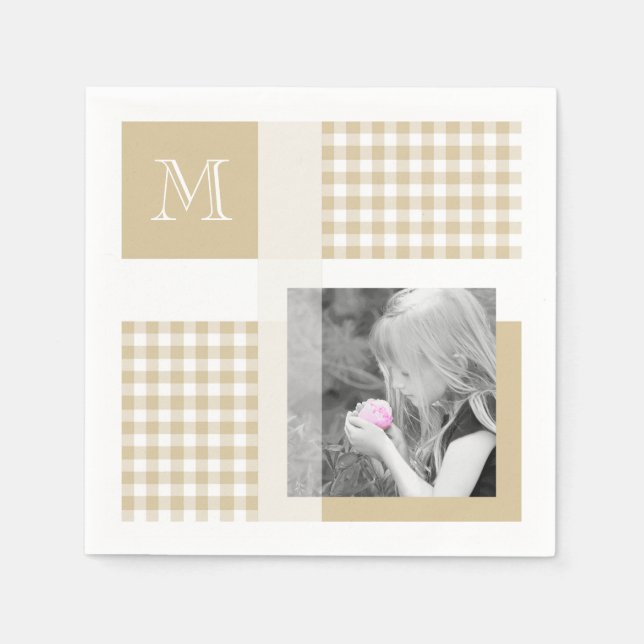 Tan Add your Foto Gingham Modern Brown Monogram Serviette (Vorderseite)