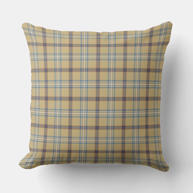 Tan and Wedgewood Blue Plaid Kissen (Vorderseite)