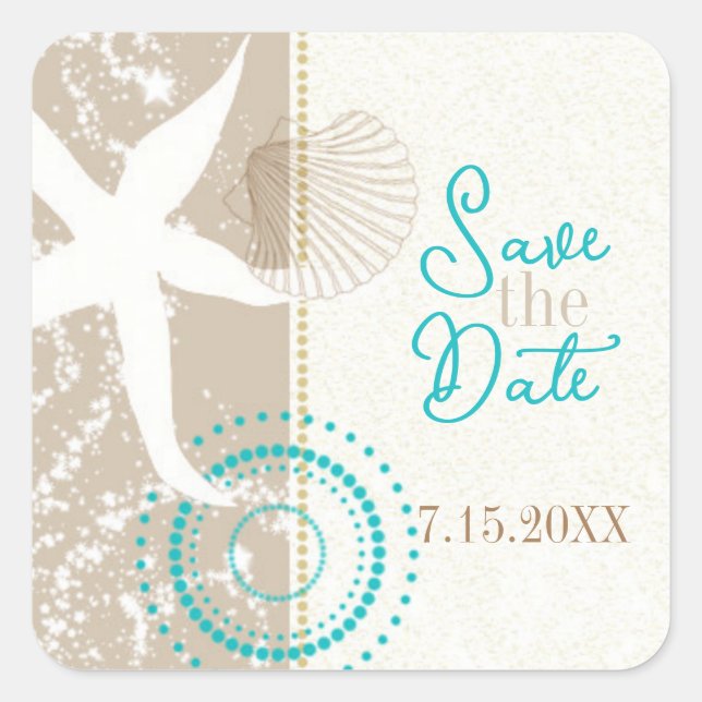 Tan Beige Beach Wedding Save the Date Quadratischer Aufkleber (Vorderseite)