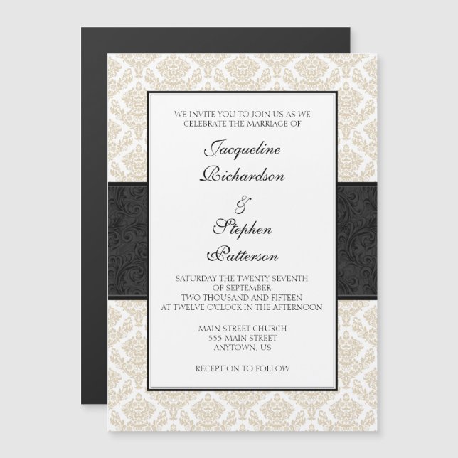 Tan Beige Black Damask Magnete Hochzeiten Einladun (Vorne/Hinten)