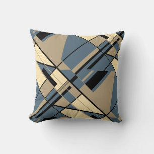 Tan Beige Black Slate Blue Diagonal Abstrakt Motif Kissen