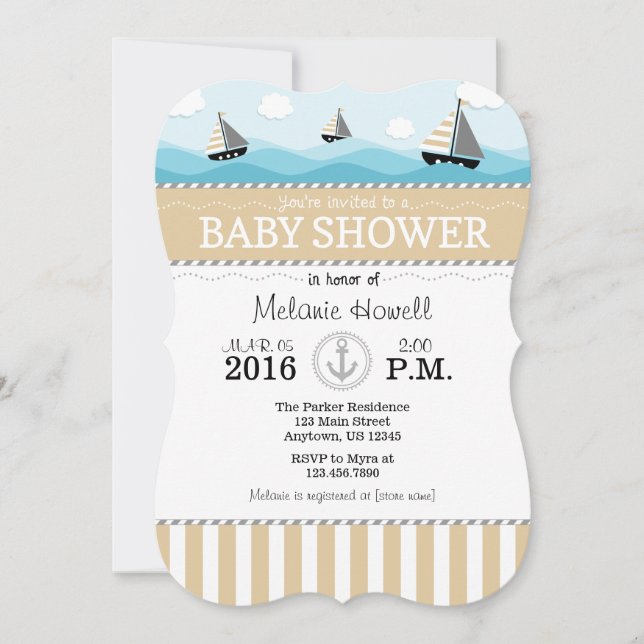 Tan Beige Blue Nautical Baby Shower Einladung (Vorderseite)