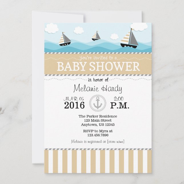 Tan Beige Blue Nautical Baby Shower Einladung (Vorderseite)