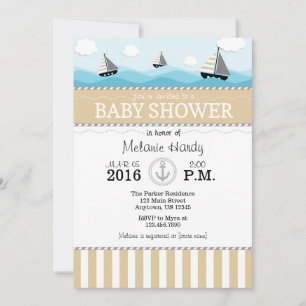 Tan Beige Blue Nautical Baby Shower Einladung
