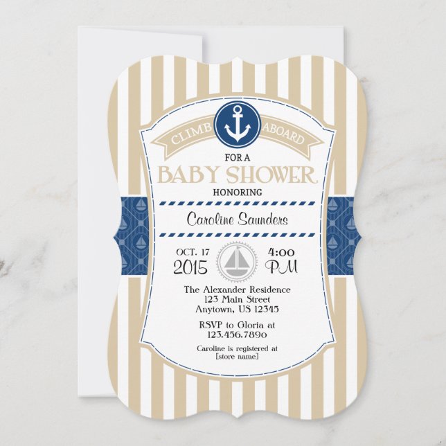 Tan Beige Blue Nautical Baby Shower Einladung (Vorderseite)