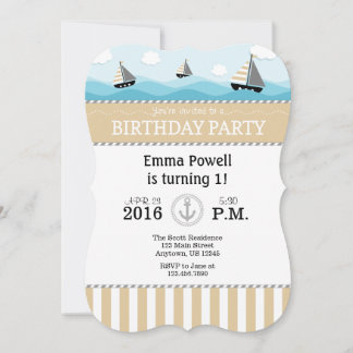 Tan Beige Blue Nautical Birthday Einladung