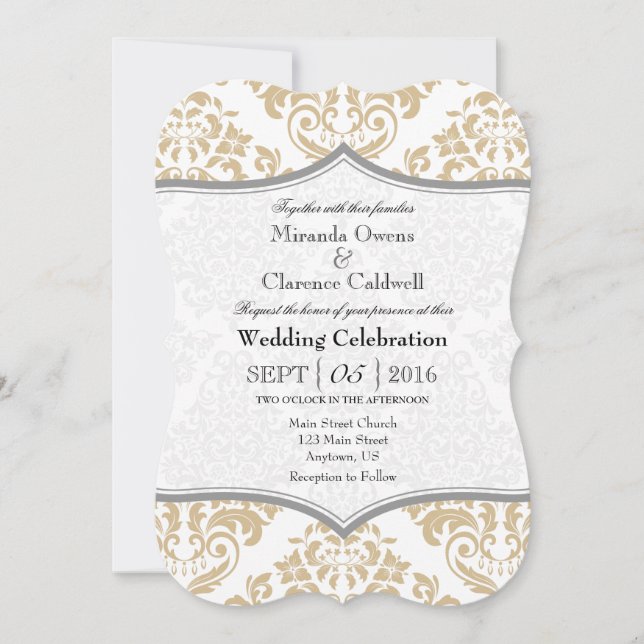 Tan Beige Gray Damask Bracket Wedite Einladung (Vorderseite)