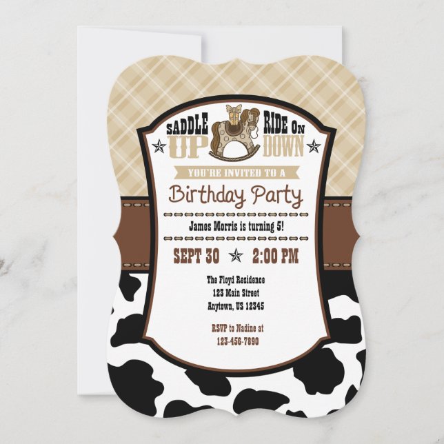 Tan Beige Kariert Cowhide Cowboy Birthday Invite Einladung (Vorderseite)