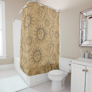 Tan Beige Vintag Celestial Sun Moon Stars Duschvorhang