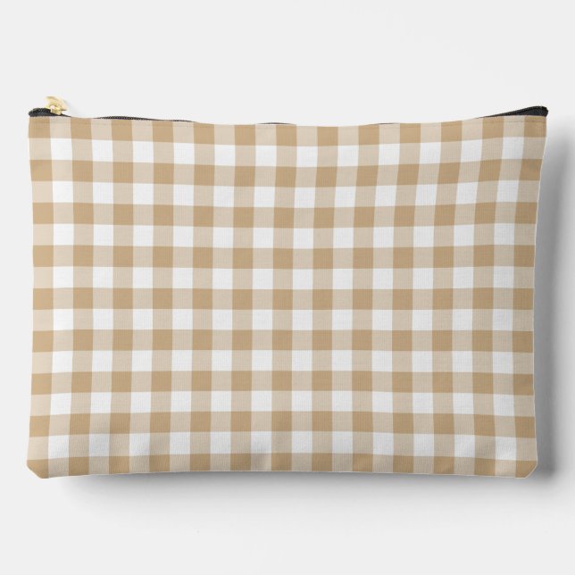 Tan Beige White Gingham Plaid Zubehörtasche (Vorderseite)