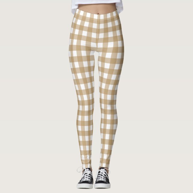 Tan Beige Women's Fashion Gingham Leggings (Vorderseite)