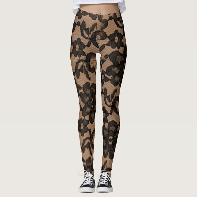 Tan & Black Elegante Imitate Spitzen Spandex Leggi Leggings (Vorderseite)