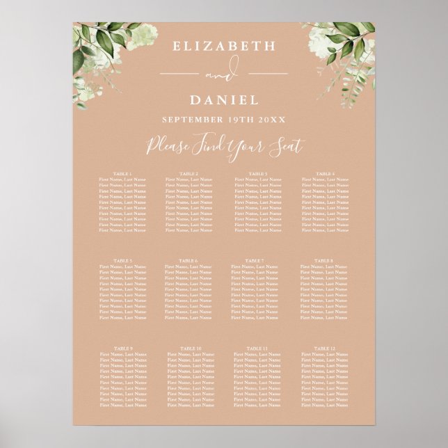 Tan Blumengrün Hochzeitsdiagramm Poster (Vorne)