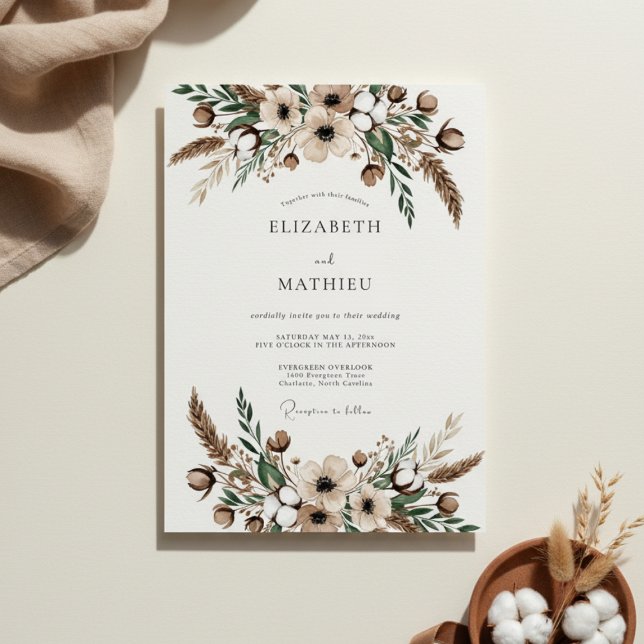 Tan Botanical Flourish Hochzeit Einladung (Von Creator hochgeladen)