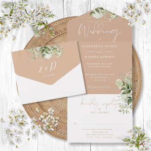 Tan Botanical Greenery Monogram Hochzeit All In One Einladung
