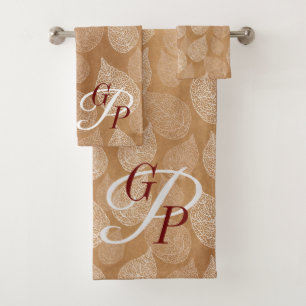 Tan, Braun Blätter Monogramm Badezimmer Handtuchha Badhandtuch Set