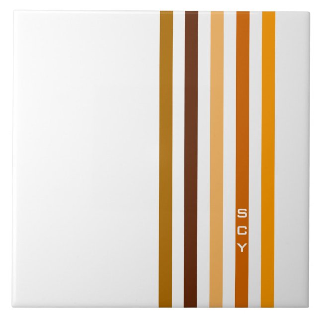 Tan Brown Orange Vertikal Stripes Monogramm Fliese (Vorderseite)