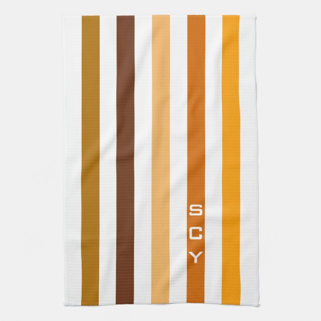 Tan Brown Orange Vertikal Stripes Monogramm Geschirrtuch (Vertikal)