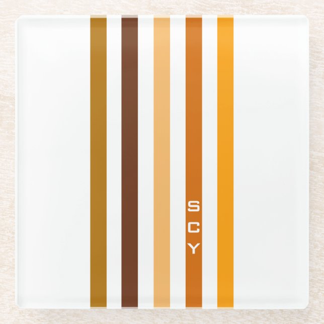 Tan Brown Orange Vertikal Stripes Monogramm Glasuntersetzer (Vorderseite)