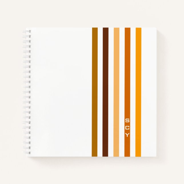 Tan Brown Orange Vertikal Stripes Monogramm Notizbuch (Vorderseite)