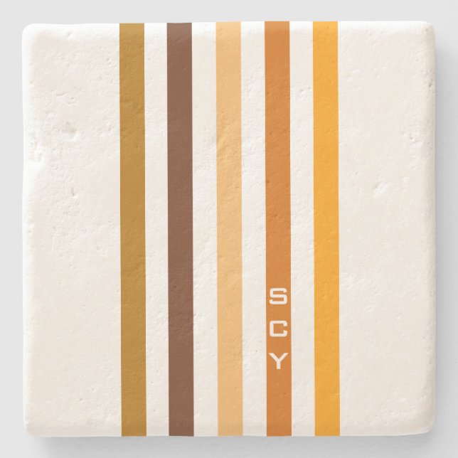 Tan Brown Orange Vertikal Stripes Monogramm Steinuntersetzer (Vorderseite)