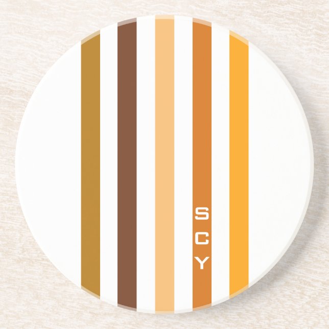 Tan Brown Orange Vertikal Stripes Monogramm Untersetzer (Vorne)