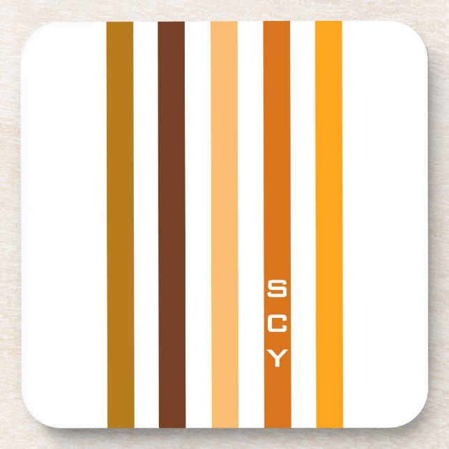 Tan Brown Orange Vertikal Stripes Monogramm Untersetzer (Vorderseite)