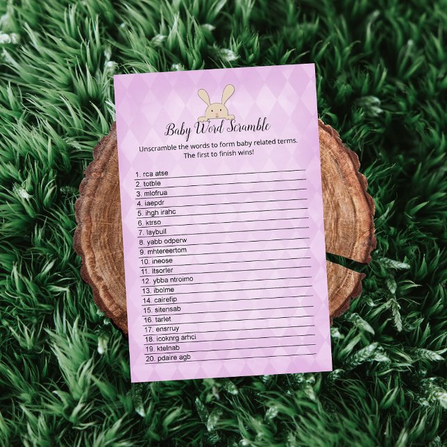 Tan Bunny Lila Raute Baby Word Scramble Game Einladung (Von Creator hochgeladen)