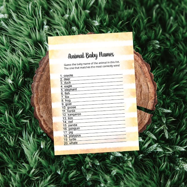 Tan Bunny Yellow Animal Baby Names Game Card Einladung (Von Creator hochgeladen)