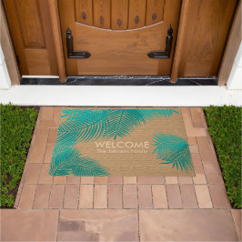 Tan Burlap mit Aquamarinen Palm-Blätter Fußmatte