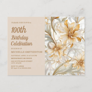 Tan Champagne Floral Women's 100. Geburtstag Einladungspostkarte