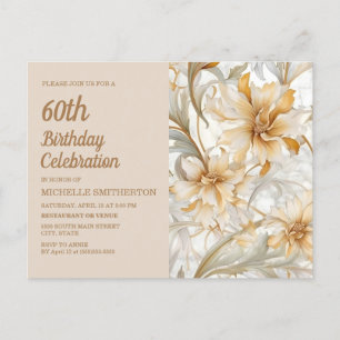Tan Champagne Floral Women's 60. Geburtstag Einladungspostkarte