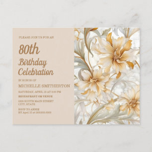 Tan Champagne Floral Women's 80. Geburtstag Einladungspostkarte