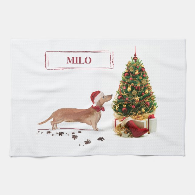 Tan Dackel Funny Christmas Dog mit Baum Geschirrtuch (Horizontal)