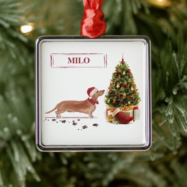 Tan Dackel Funny Christmas Dog mit Baum Ornament Aus Metall (Baum)