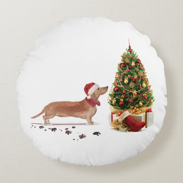 Tan Dackel Funny Christmas Dog mit Baum Rundes Kissen (Vorderseite)