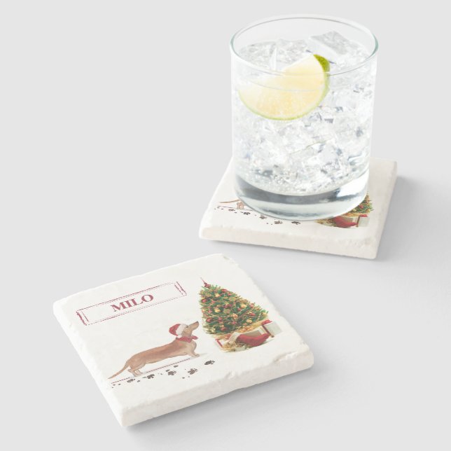 Tan Dackel Funny Christmas Dog mit Baum Steinuntersetzer (Seitenansicht)